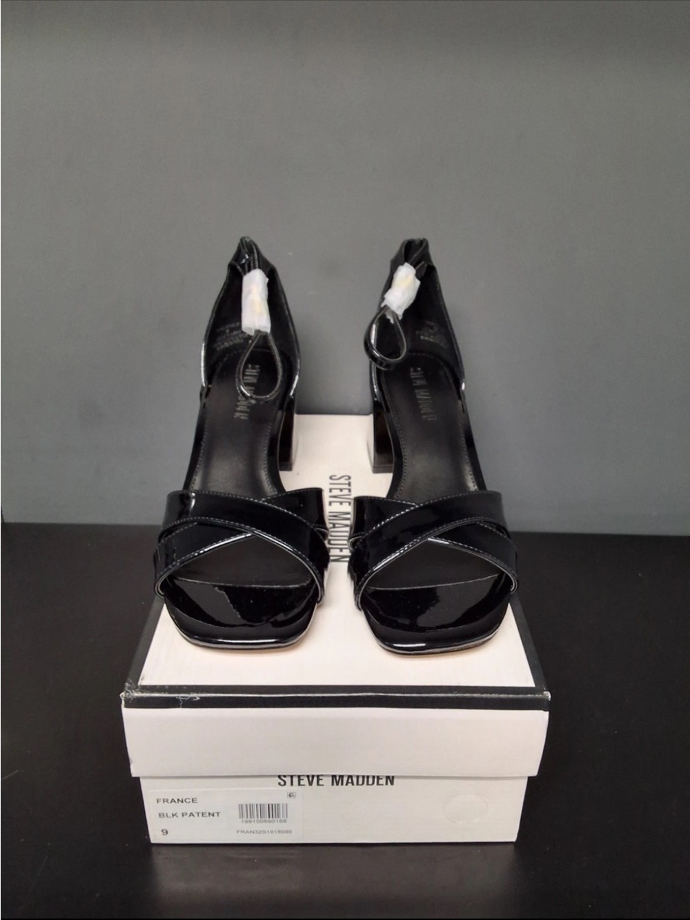 Steve Madden Black Patent Cross-Strap Block Heel Sandals